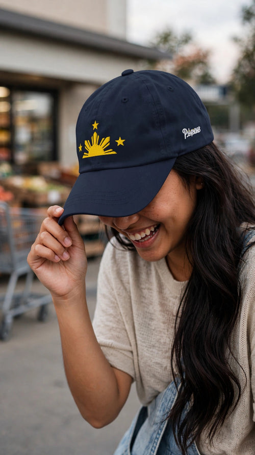 Smiling woman wearing the navy Three Stars & Sun Script Hat