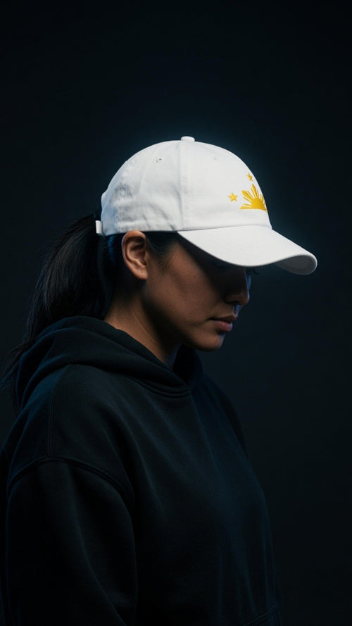 Wearing the white Three Stars & Sun Script Hat with gold embroidery