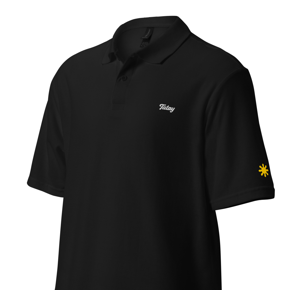 Tatay (Dad) polo, Black, angled view with gold sun on sleeve