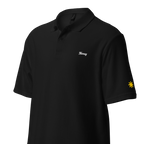 Nanay (Mom) polo, Black, angled view with gold sun on sleeve