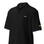 Lola (Grandma) polo, Black, angled view with gold sun on sleeve