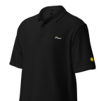 Pinsan (Cousin) polo, Black, angled view with gold sun on sleeve