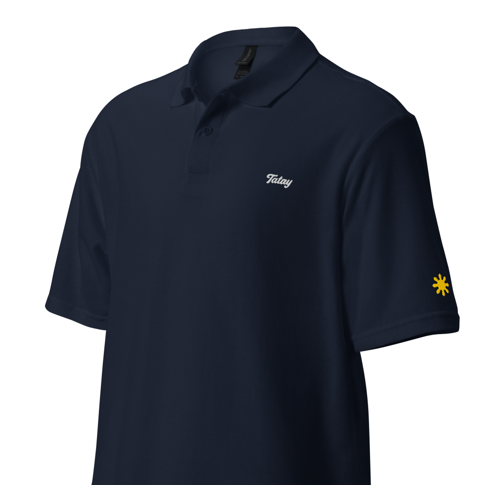 Tatay (Dad) polo, Navy, angled view with gold sun on sleeve