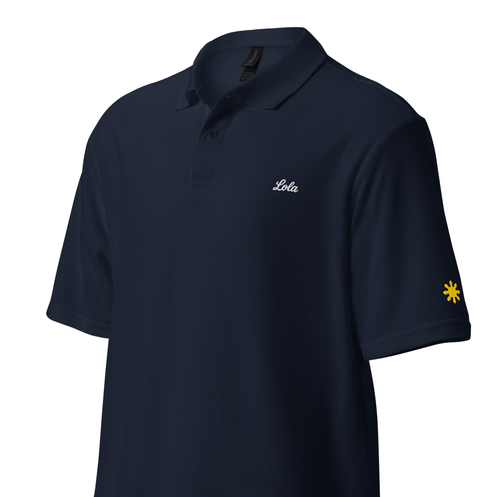 Lola (Grandma) polo, Navy, angled view with gold sun on sleeve