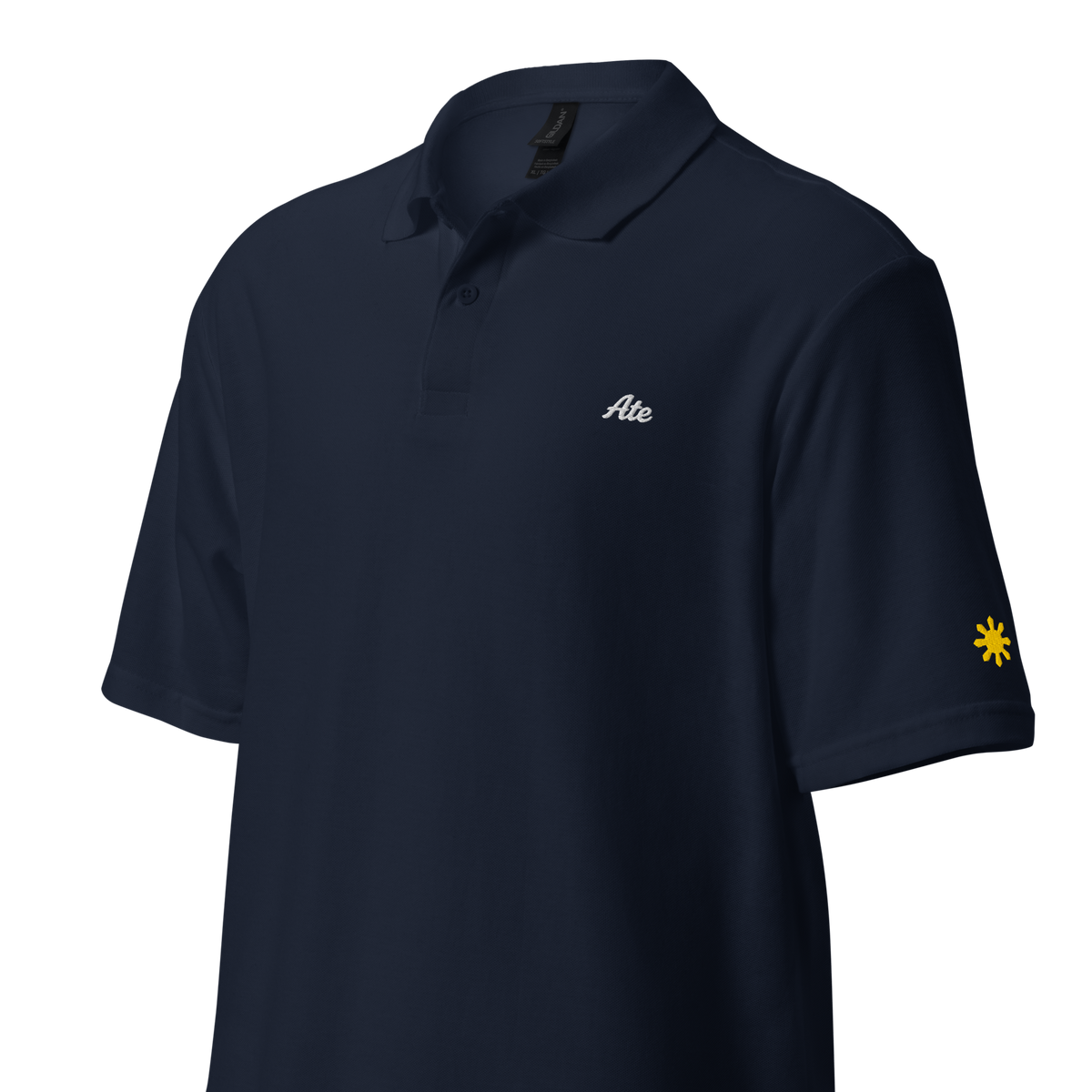 Ate (Eldest Sister) polo, Navy, angled view with gold sun on sleeve