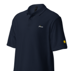 Pinsan (Cousin) polo, Navy, angled view with gold sun on sleeve