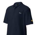 Ninang (Godmother) polo, Navy, angled view with gold sun on sleeve