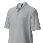 Bunso (Youngest) polo, Sport Grey, angled view with gold sun on sleeve