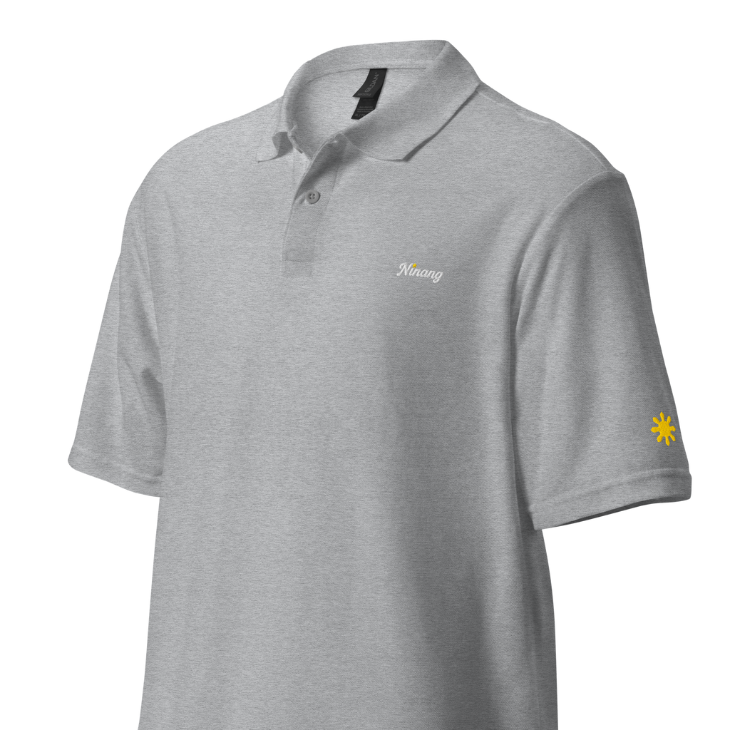Ninang (Godmother) polo, Sport Grey, angled view with gold sun on sleeve