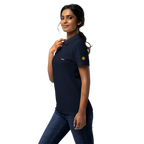 Ninang (Godmother) women’s polo, Navy, model, left side with gold sun on sleeve