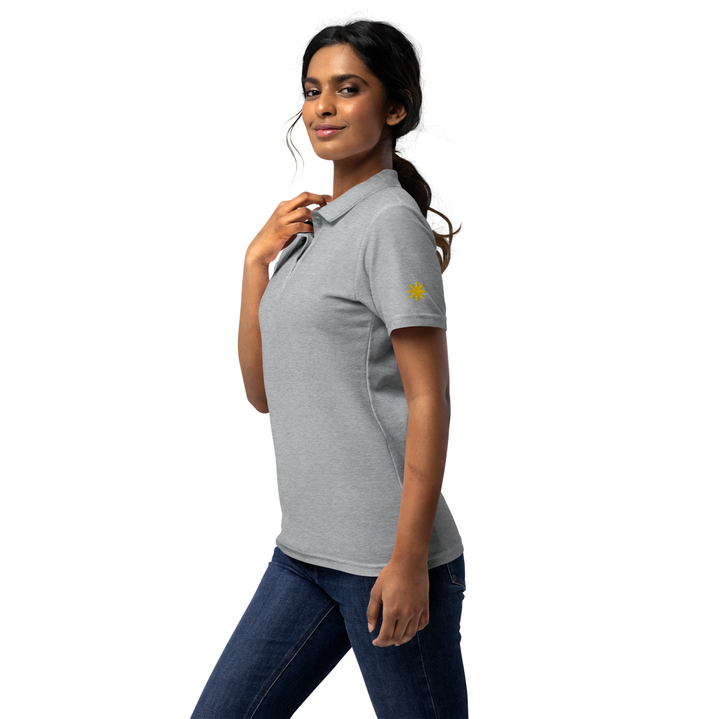 Nanay (Mom) women’s polo, Sport Grey, model, left side with gold sun on sleeve