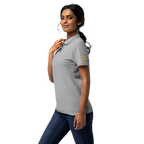 Tita (Auntie) women’s polo, Sport Grey, model, left side with gold sun on sleeve